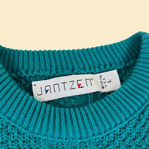 1980s Jantzen sweater, size L teal blue knit vintage 70s sweater w/ crew neck - Picture 3 of 8